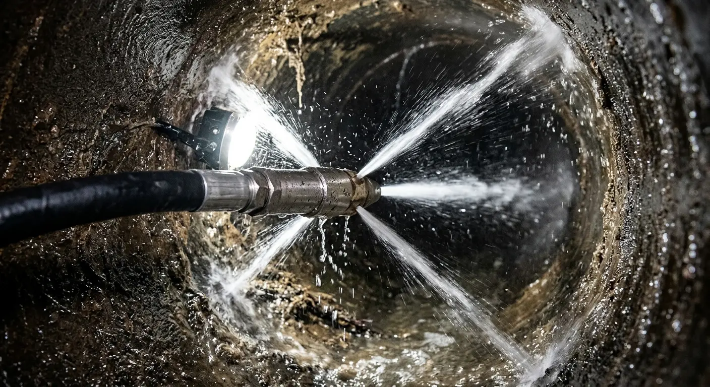 High-pressure hydro jetting nozzle cleaning sewer pipe for Emergency Drain Service in Poulsbo