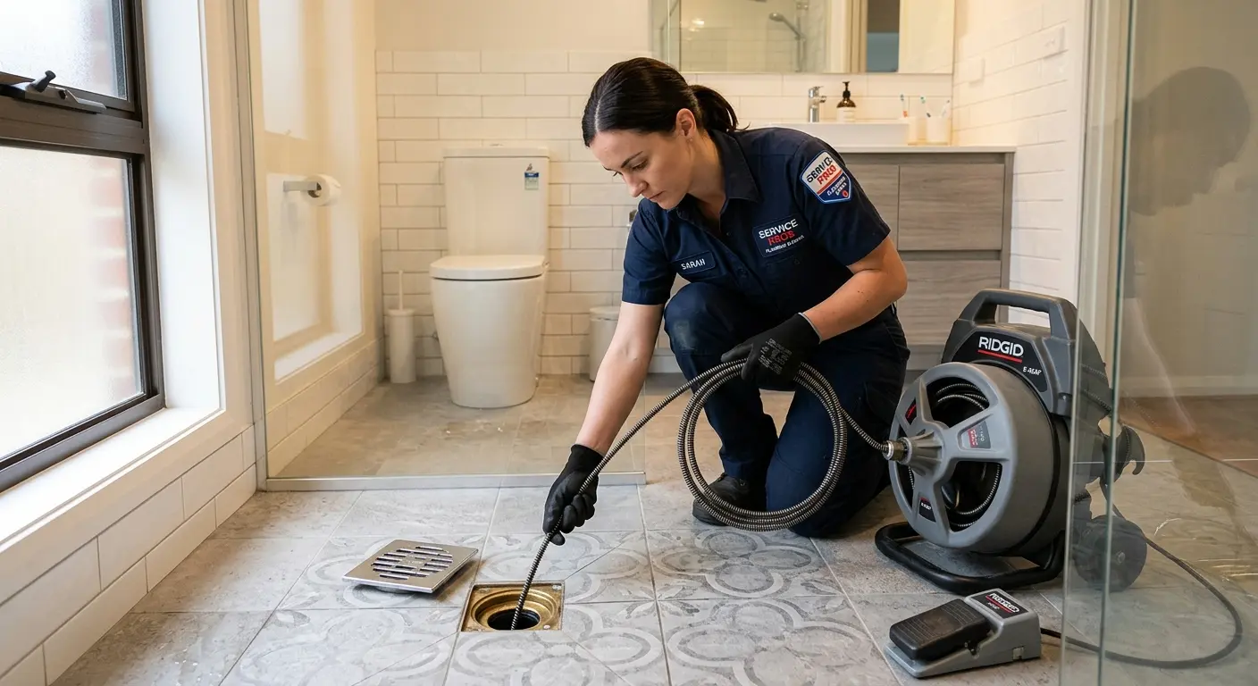 Technician clearing a bathroom floor drain for Clogged Drain Repair in Poulsbo